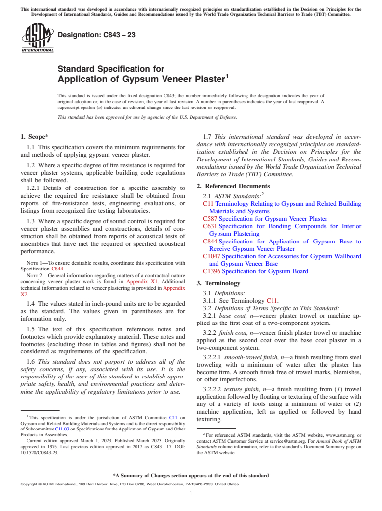 ASTM C843-23 - Standard Specification for  Application of Gypsum Veneer Plaster