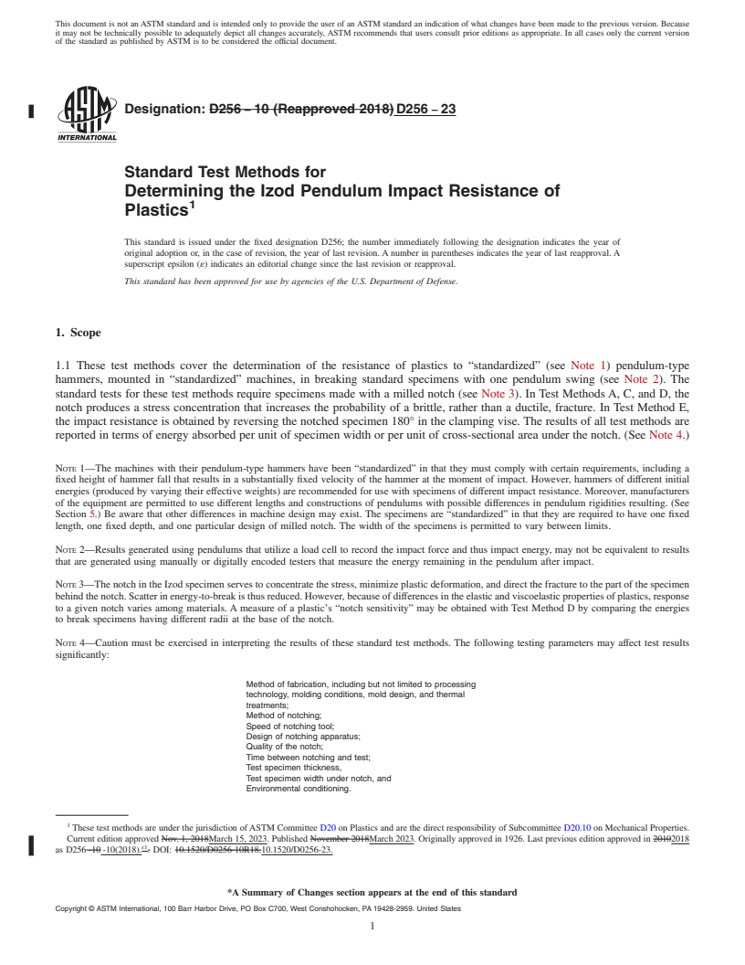 REDLINE ASTM D256-23 - Standard Test Methods for  Determining the Izod Pendulum Impact Resistance of Plastics