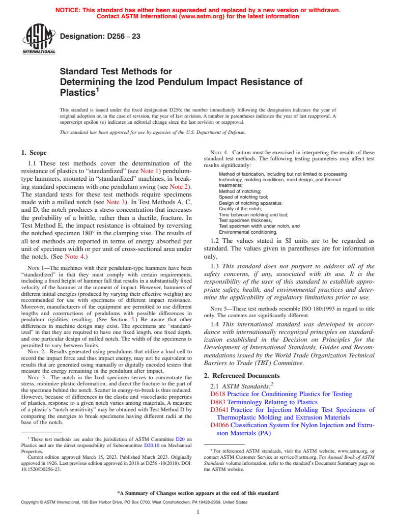 ASTM D256-23 - Standard Test Methods for  Determining the Izod Pendulum Impact Resistance of Plastics