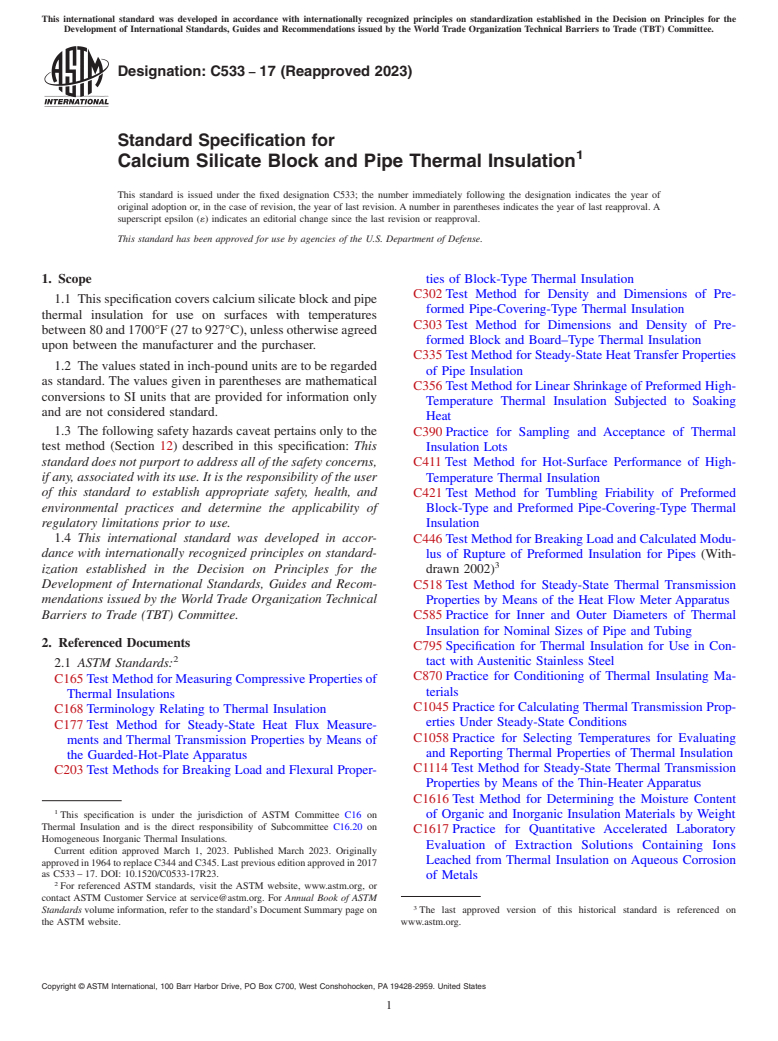 ASTM C533-17(2023) - Standard Specification for  Calcium Silicate Block and Pipe Thermal Insulation