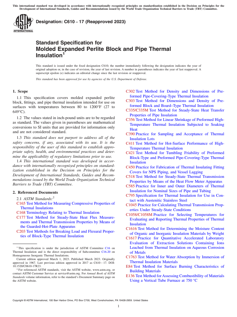 ASTM C610-17(2023) - Standard Specification for  Molded Expanded Perlite Block and Pipe Thermal Insulation