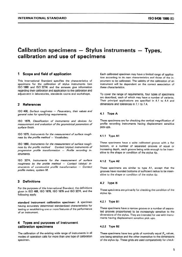 ISO 5436:1985 - Calibration specimens -- Stylus instruments -- Types, calibration and use of specimens