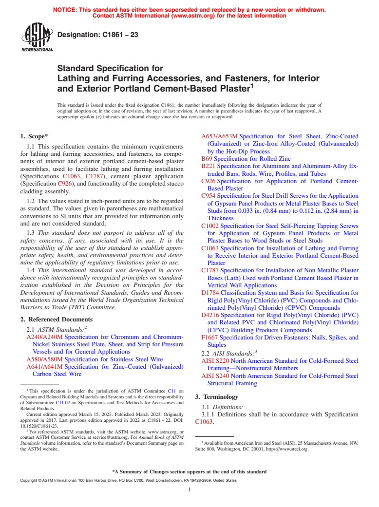 ASTM C1861-23 - Standard Specification for Lathing and Furring Accessories, and Fasteners, for Interior  and Exterior Portland Cement-Based Plaster