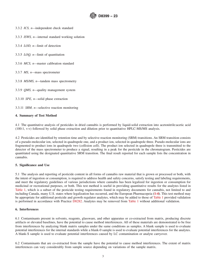 REDLINE ASTM D8399-23 - Standard Test Method for Multi-residue Analysis of Pesticides in Dried Cannabis and  Hemp Raw Materials Using Liquid Chromatography-Tandem Mass Spectrometry  (LC-MS/MS)