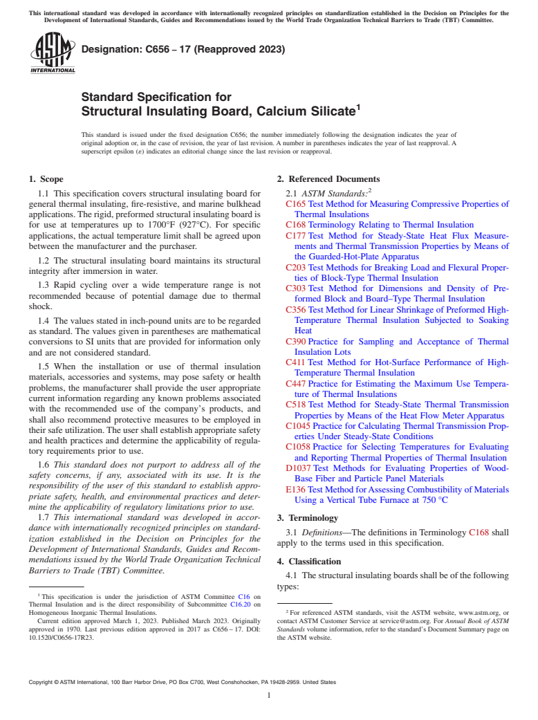 ASTM C656-17(2023) - Standard Specification for  Structural Insulating Board, Calcium Silicate