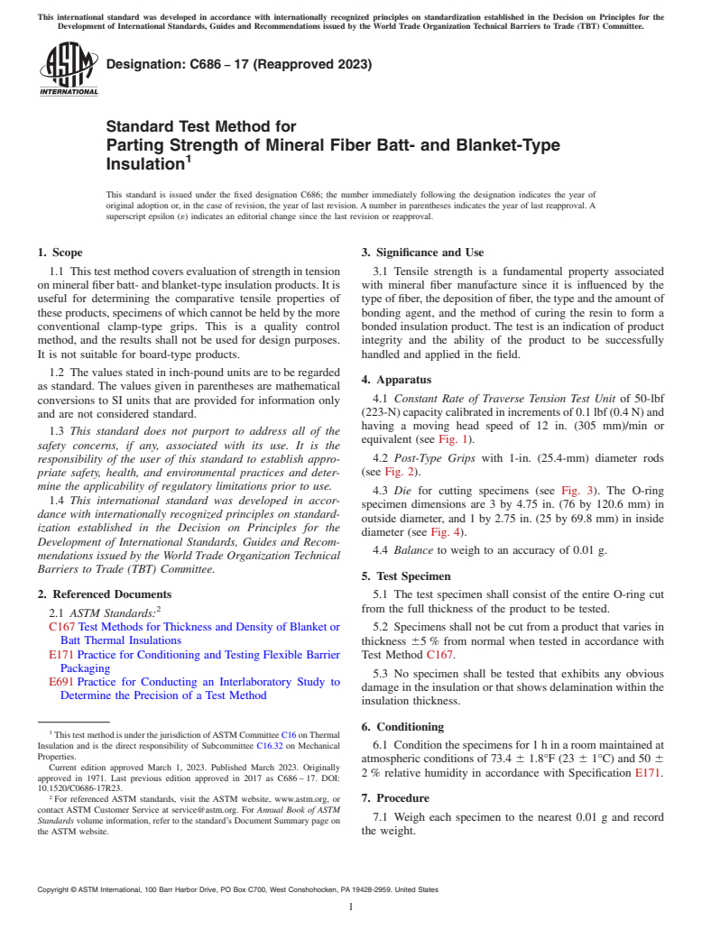 ASTM C686-17(2023) - Standard Test Method for  Parting Strength of Mineral Fiber Batt- and Blanket-Type Insulation