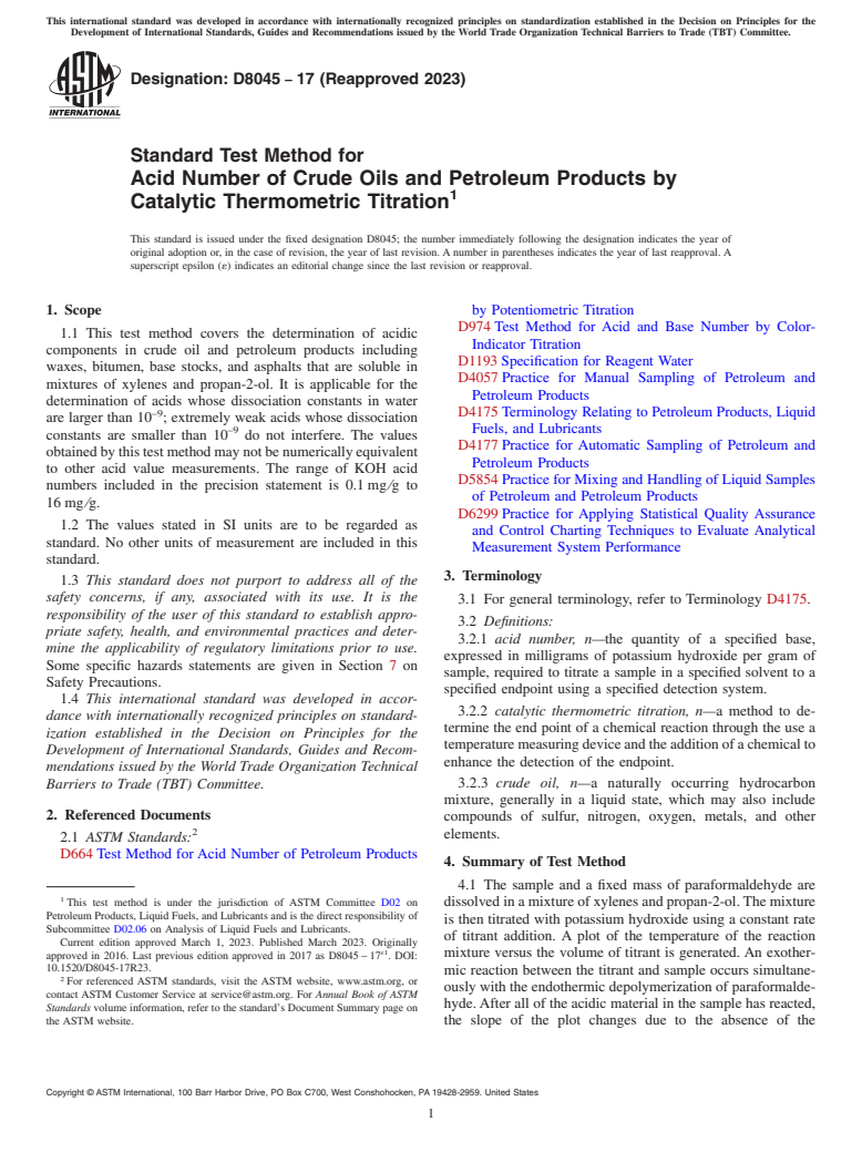 ASTM D8045-17(2023) - Standard Test Method for Acid Number of Crude Oils and Petroleum Products by Catalytic  Thermometric Titration