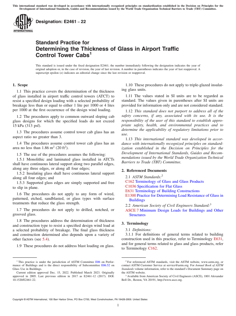 ASTM E2461-22 - Standard Practice for Determining the Thickness of Glass in Airport Traffic Control  Tower Cabs