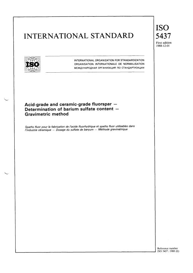 ISO 5437:1988 - Acid-grade and ceramic-grade fluorspar -- Determination of barium sulfate content -- Gravimetric method