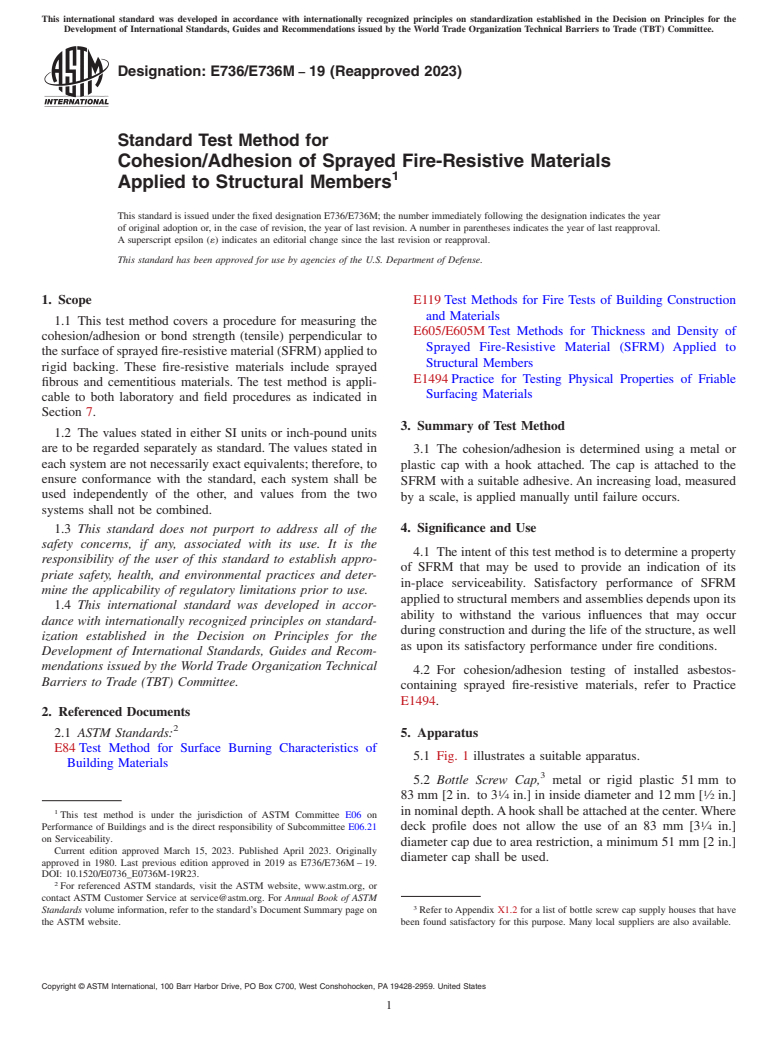 ASTM E736/E736M-19(2023) - Standard Test Method for Cohesion/Adhesion of Sprayed Fire-Resistive Materials Applied  to Structural Members