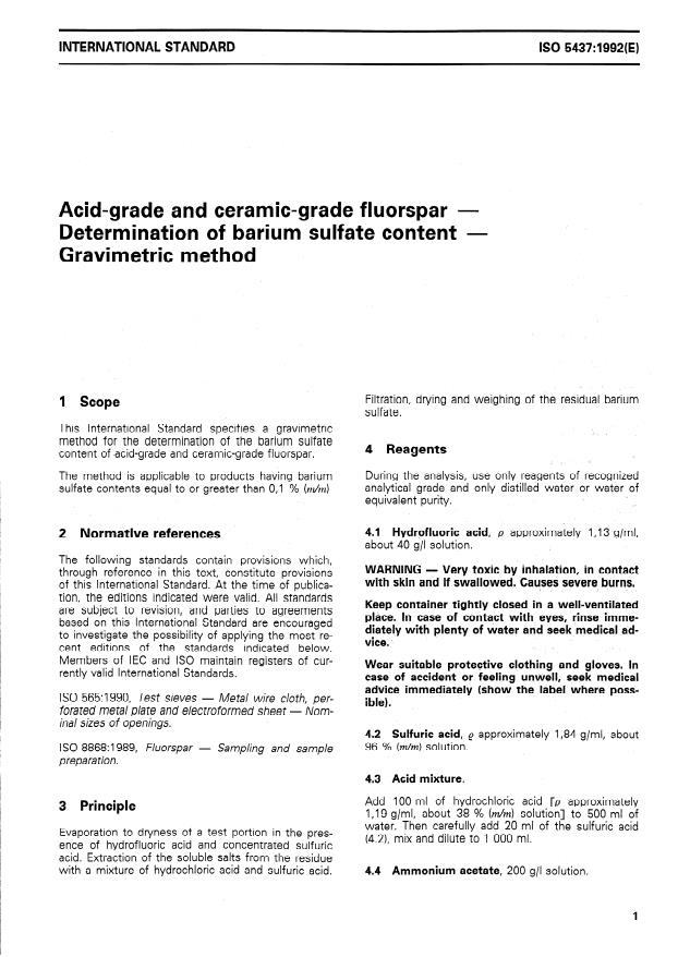 ISO 5437:1992 - Acid-grade and ceramic-grade fluorspar -- Determination of barium sulfate content -- Gravimetric method