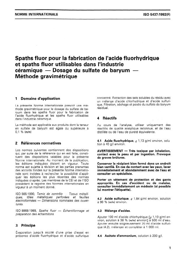 ISO 5437:1992 - Spaths fluor pour la fabrication de l'acide fluorhydrique et spaths fluor utilisables dans l'industrie céramique -- Dosage du sulfate de baryum -- Méthode gravimétrique