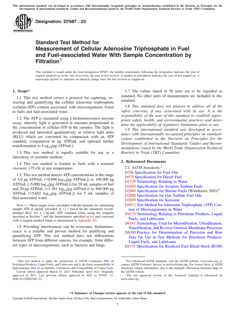 ASTM D7687-23 - Standard Test Method for Measurement of Cellular Adenosine Triphosphate in Fuel and Fuel-associated Water With Sample Concentration by Filtration