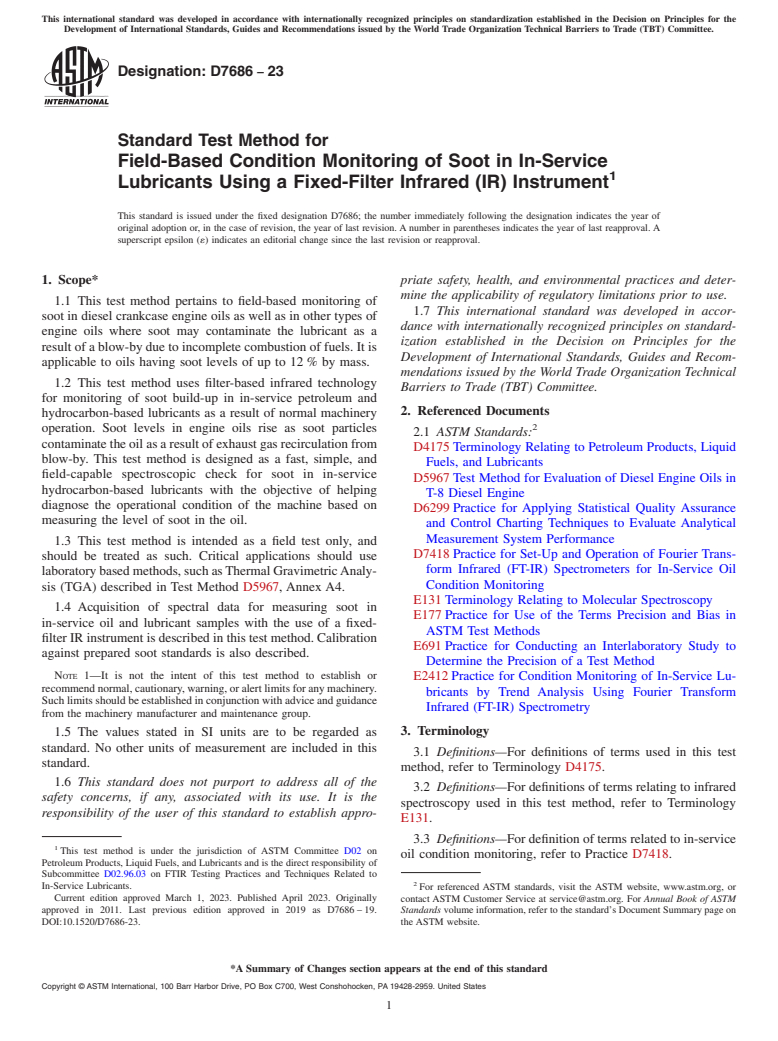 ASTM D7686-23 - Standard Test Method for  Field-Based Condition Monitoring of Soot in In-Service Lubricants  Using a Fixed-Filter Infrared (IR) Instrument