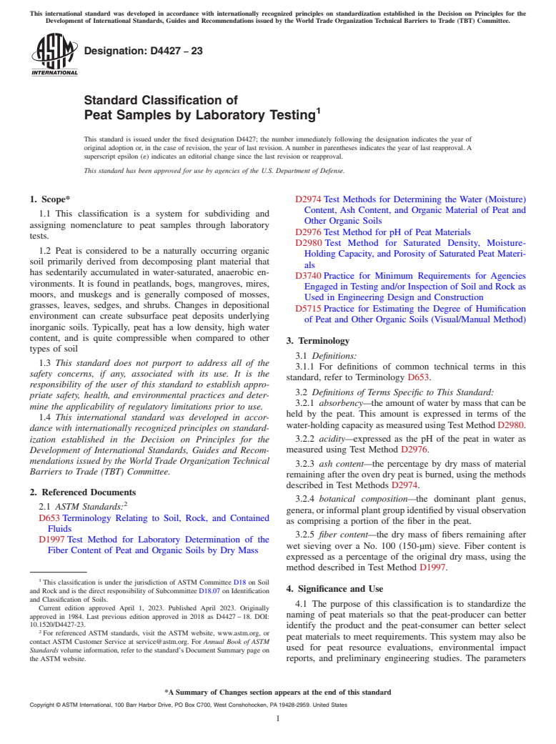 ASTM D4427-23 - Standard Classification of  Peat Samples by Laboratory Testing