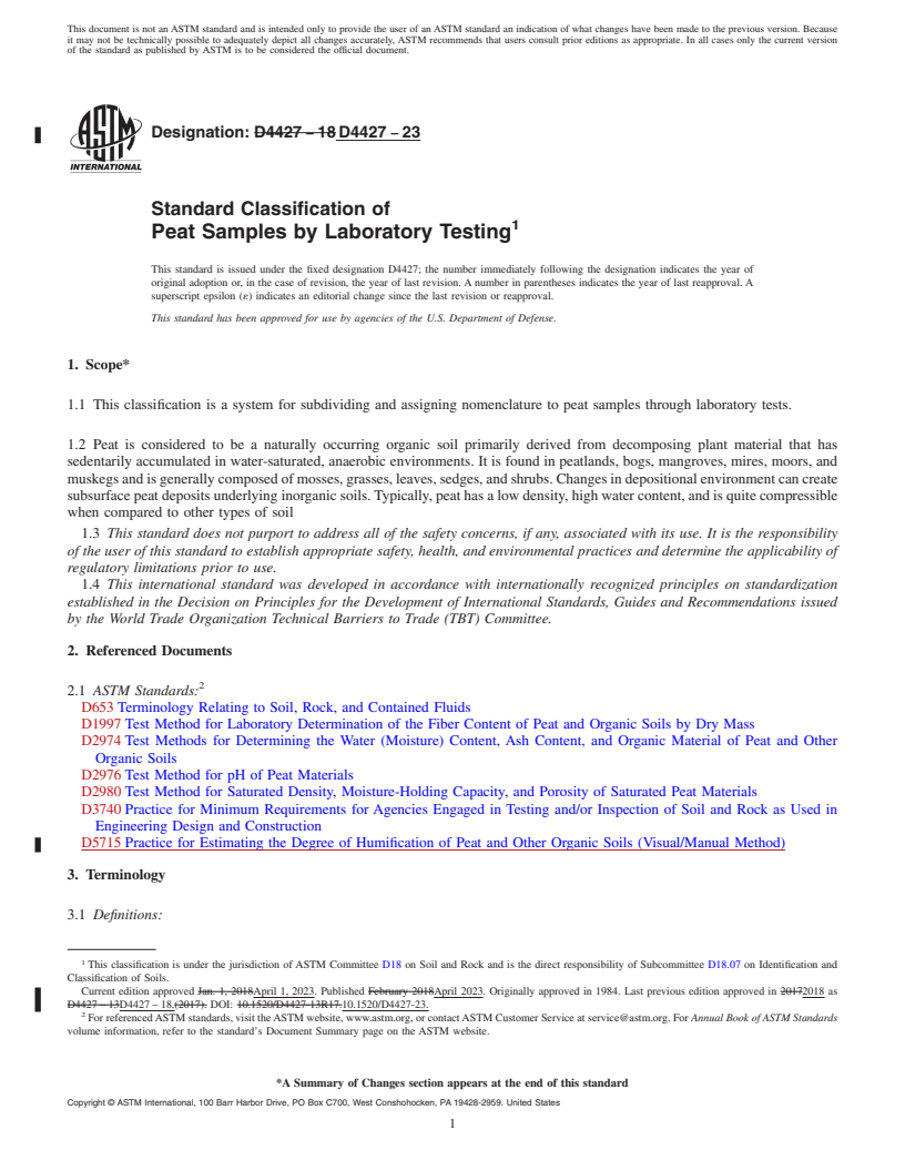 REDLINE ASTM D4427-23 - Standard Classification of  Peat Samples by Laboratory Testing