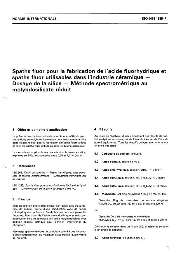 ISO 5438:1985 - Acid-grade and ceramic-grade fluorspar -- Determination of silica content -- Reduced molybdosilicate spectrometric method