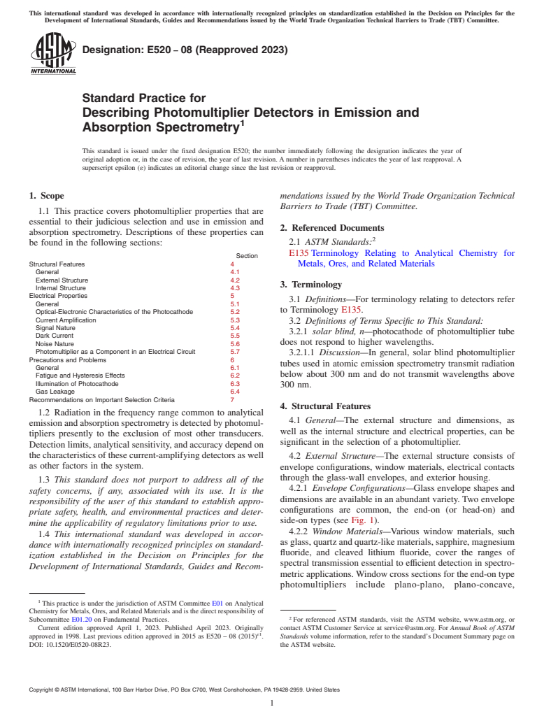 ASTM E520-08(2023) - Standard Practice for  Describing Photomultiplier Detectors in Emission and Absorption  Spectrometry