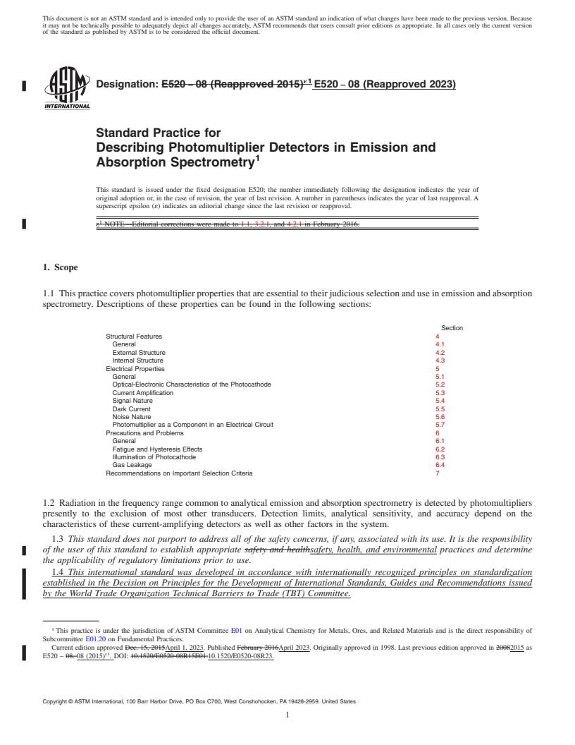 REDLINE ASTM E520-08(2023) - Standard Practice for  Describing Photomultiplier Detectors in Emission and Absorption  Spectrometry