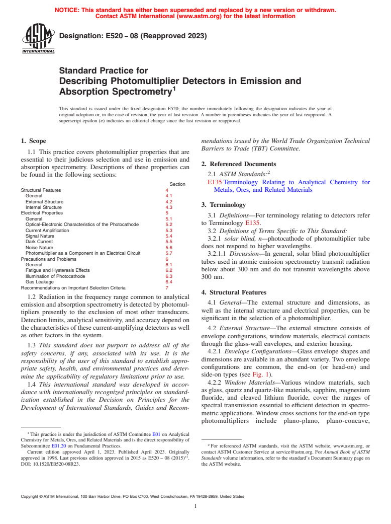 ASTM E520-08(2023) - Standard Practice for  Describing Photomultiplier Detectors in Emission and Absorption  Spectrometry