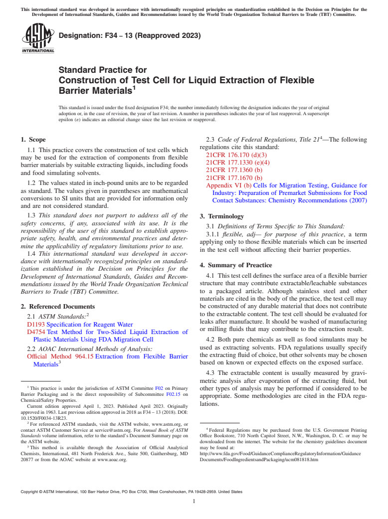 ASTM F34-13(2023) - Standard Practice for  Construction of Test Cell for Liquid Extraction of Flexible   Barrier Materials