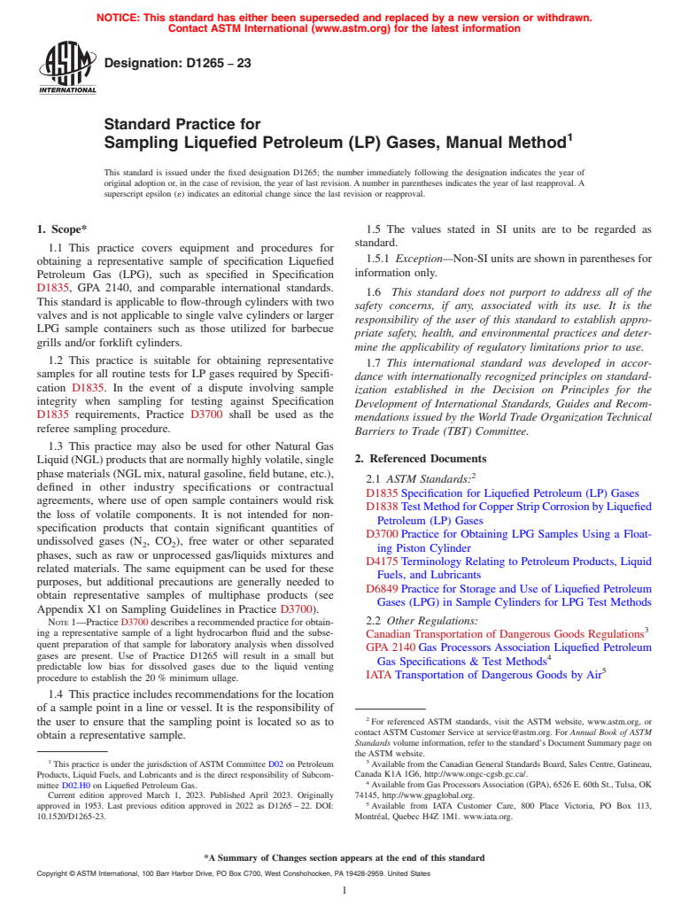 ASTM D1265-23 - Standard Practice for  Sampling Liquefied Petroleum (LP) Gases, Manual Method