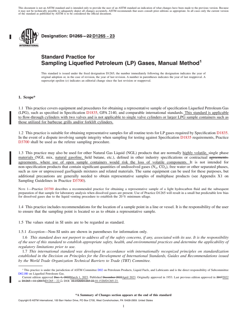 REDLINE ASTM D1265-23 - Standard Practice for  Sampling Liquefied Petroleum (LP) Gases, Manual Method