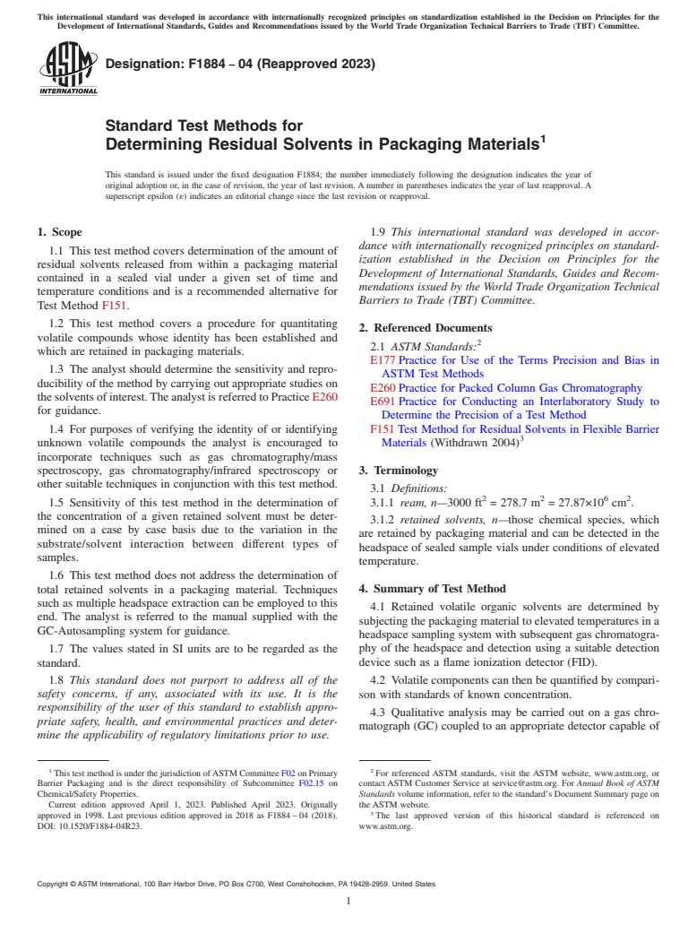 ASTM F1884-04(2023) - Standard Test Methods for  Determining Residual Solvents in Packaging Materials