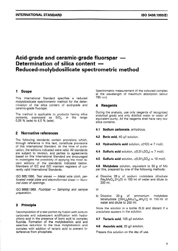 ISO 5438:1993 - Acid-grade and ceramic-grade fluorspar -- Determination of silica content -- Reduced-molybdosilicate spectrometric method