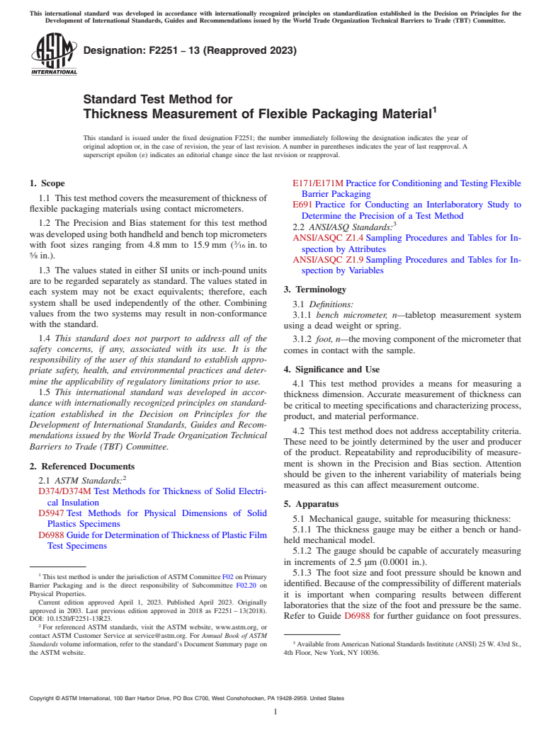 ASTM F2251-13(2023) - Standard Test Method for  Thickness Measurement of Flexible Packaging Material