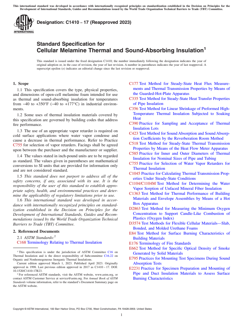 ASTM C1410-17(2023) - Standard Specification for  Cellular Melamine Thermal and Sound-Absorbing Insulation