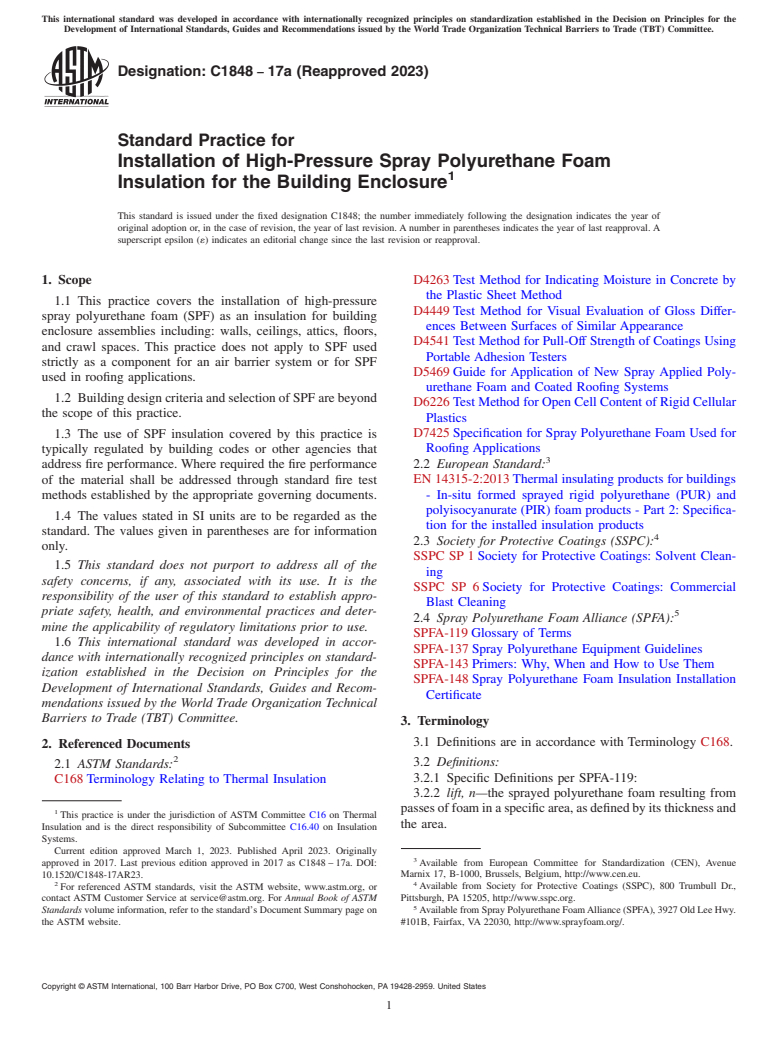 ASTM C1848-17a(2023) - Standard Practice for Installation of High-Pressure Spray Polyurethane Foam Insulation  for the Building Enclosure