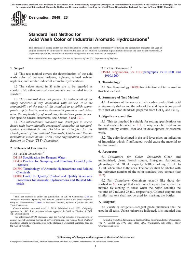 ASTM D848-23 - Standard Test Method for Acid Wash Color of Industrial Aromatic Hydrocarbons