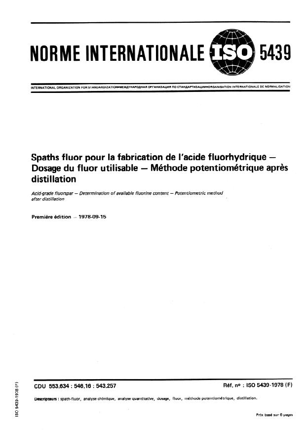 ISO 5439:1978 - Spaths fluor pour la fabrication de l'acide fluorhydrique -- Dosage du fluor utilisable -- Méthode potentiométrique apres distillation