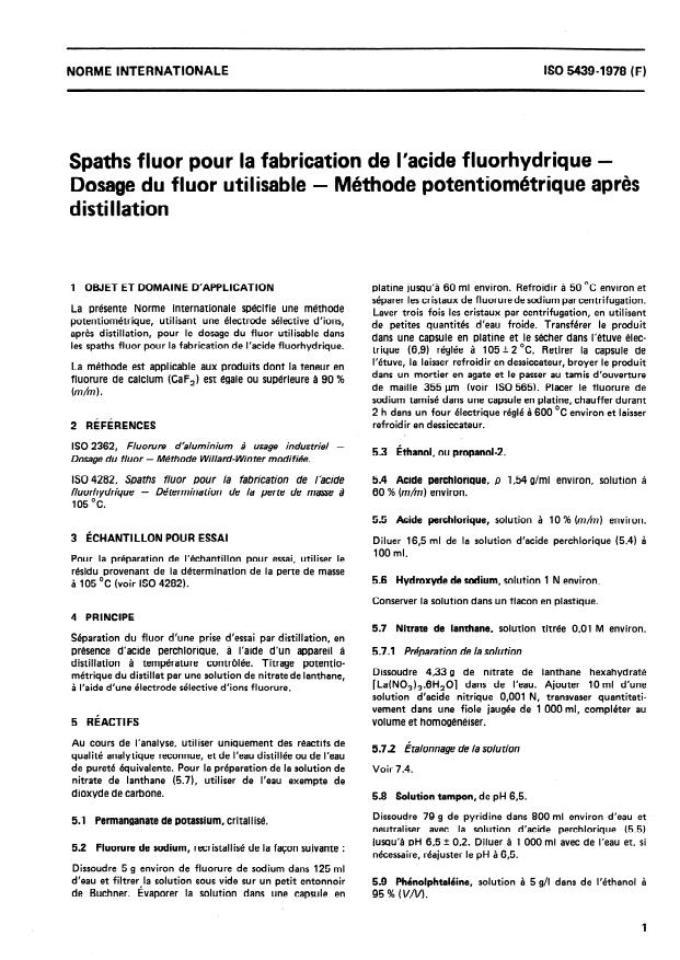 ISO 5439:1978 - Spaths fluor pour la fabrication de l'acide fluorhydrique -- Dosage du fluor utilisable -- Méthode potentiométrique apres distillation