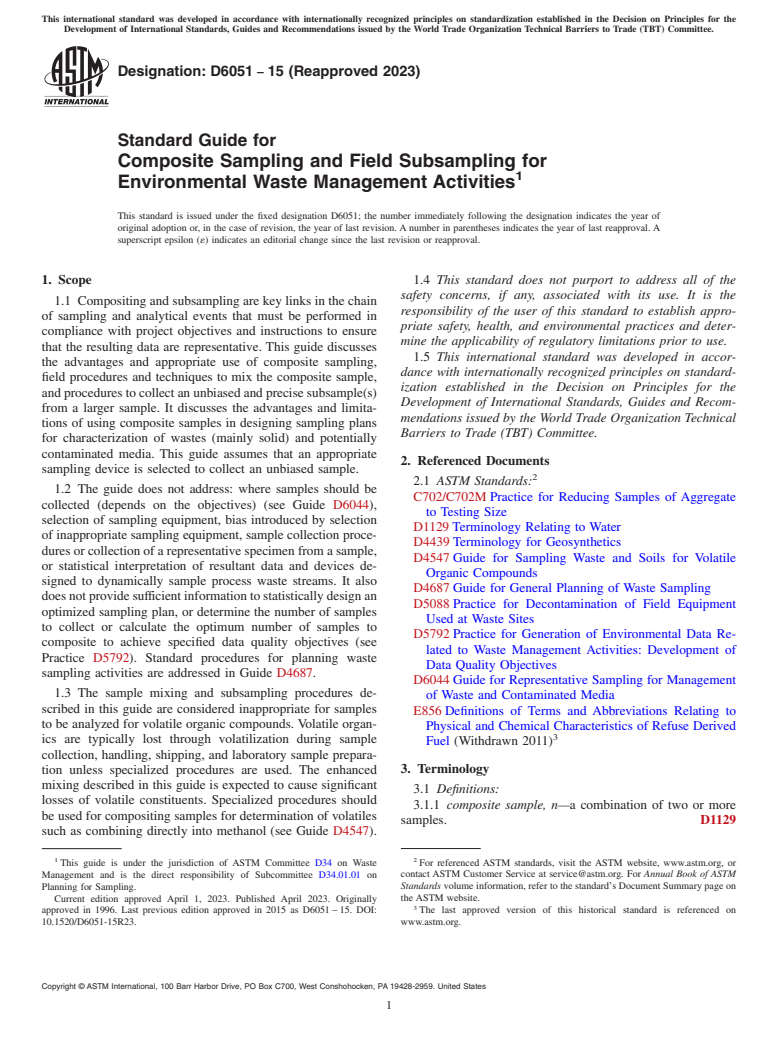 ASTM D6051-15(2023) - Standard Guide for  Composite Sampling and Field Subsampling for Environmental  Waste Management Activities