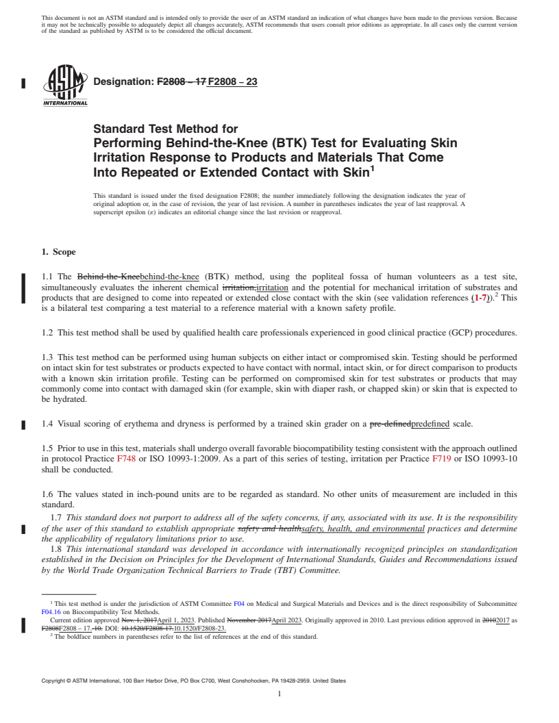 REDLINE ASTM F2808-23 - Standard Test Method for  Performing Behind-the-Knee (BTK) Test for Evaluating Skin Irritation  Response to Products and Materials That Come Into Repeated or Extended  Contact with Skin