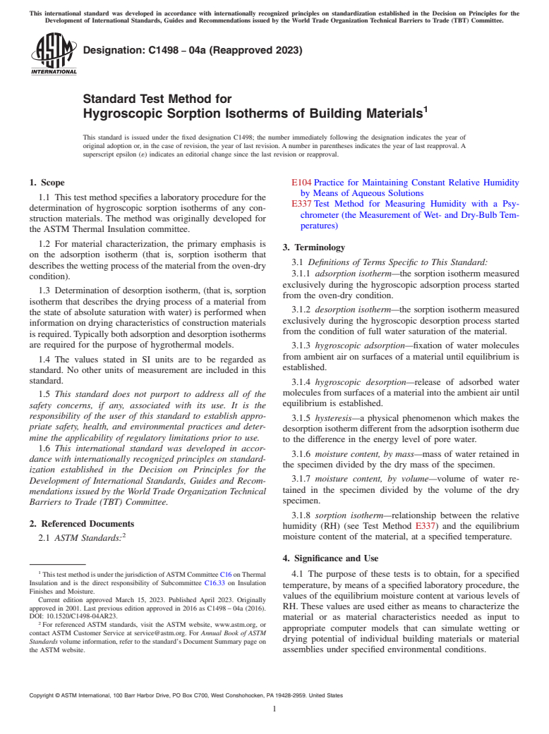 ASTM C1498-04a(2023) - Standard Test Method for Hygroscopic Sorption Isotherms of Building Materials