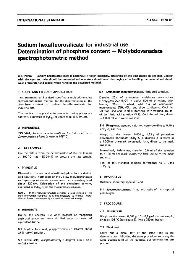 ISO 5440:1978 - Sodium hexafluorosilicate for industrial use -- Determination of phosphate content -- Molybdovanadate spectrophotometric method