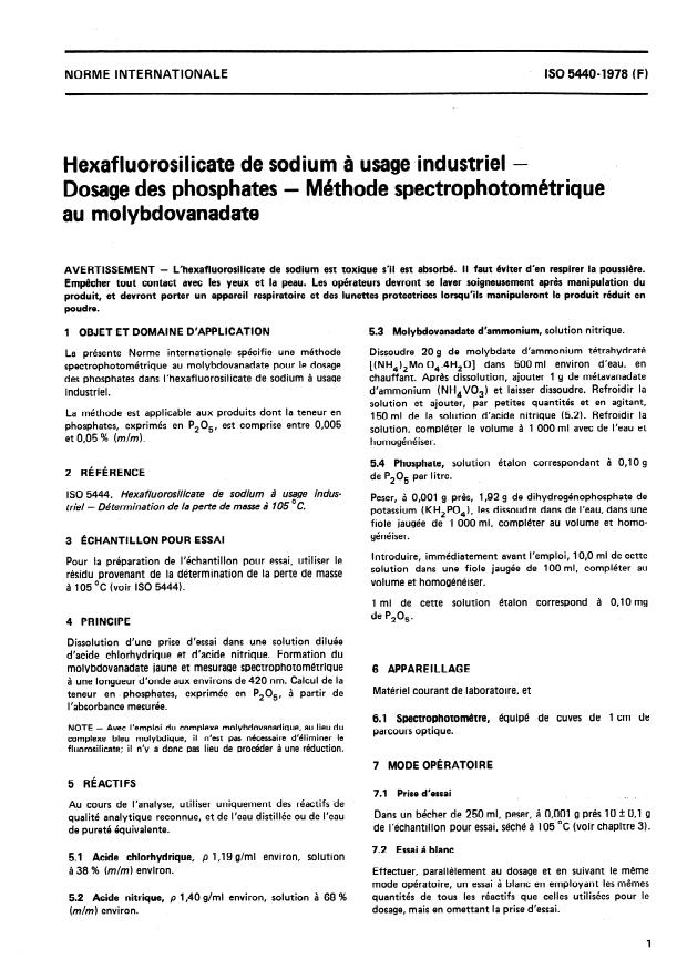ISO 5440:1978 - Hexafluorosilicate de sodium a usage industriel -- Dosage des phosphates -- Méthode spectrophotométrique au molybdovanadate