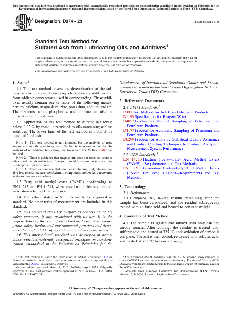 ASTM D874-23 - Standard Test Method for Sulfated Ash from Lubricating Oils and Additives
