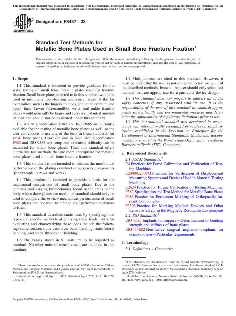 ASTM F3437-23 - Standard Test Methods for Metallic Bone Plates Used in Small Bone Fracture Fixation