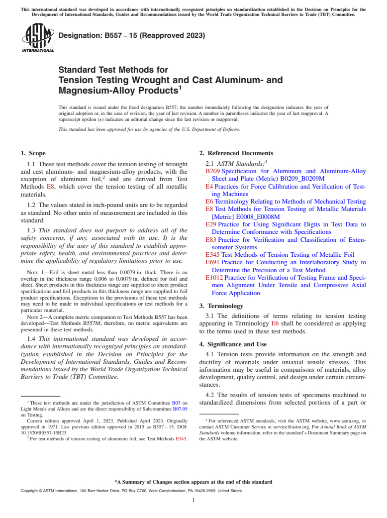 ASTM B557-15(2023) - Standard Test Methods for Tension Testing Wrought and Cast Aluminum- and Magnesium-Alloy  Products