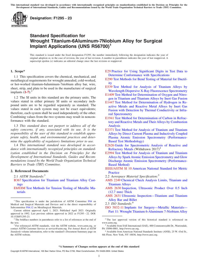 ASTM F1295-23 - Standard Specification for Wrought Titanium-6Aluminum-7Niobium Alloy for Surgical Implant  Applications (UNS R56700)