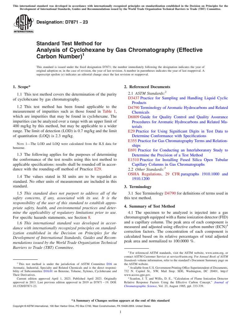 ASTM D7871-23 - Standard Test Method for Analysis of Cyclohexane by Gas Chromatography (Effective Carbon  Number)