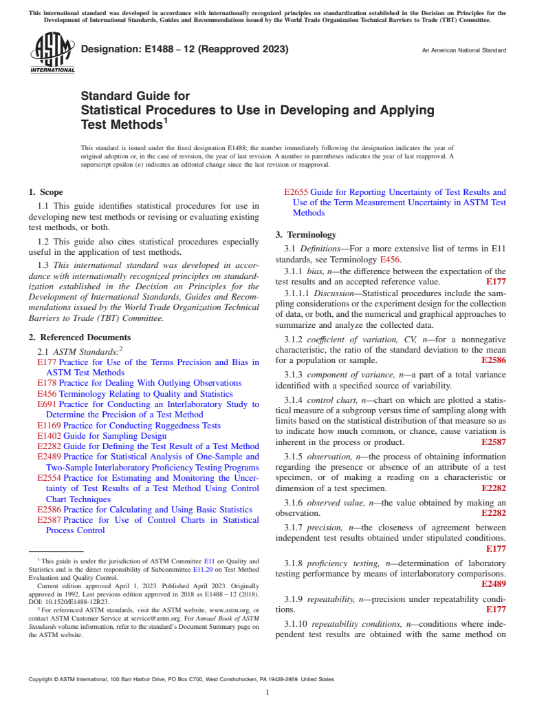 ASTM E1488-12(2023) - Standard Guide for  Statistical Procedures to Use in Developing and Applying Test  Methods