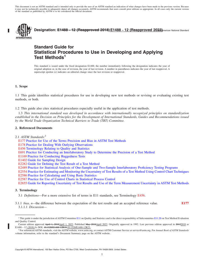 REDLINE ASTM E1488-12(2023) - Standard Guide for  Statistical Procedures to Use in Developing and Applying Test  Methods