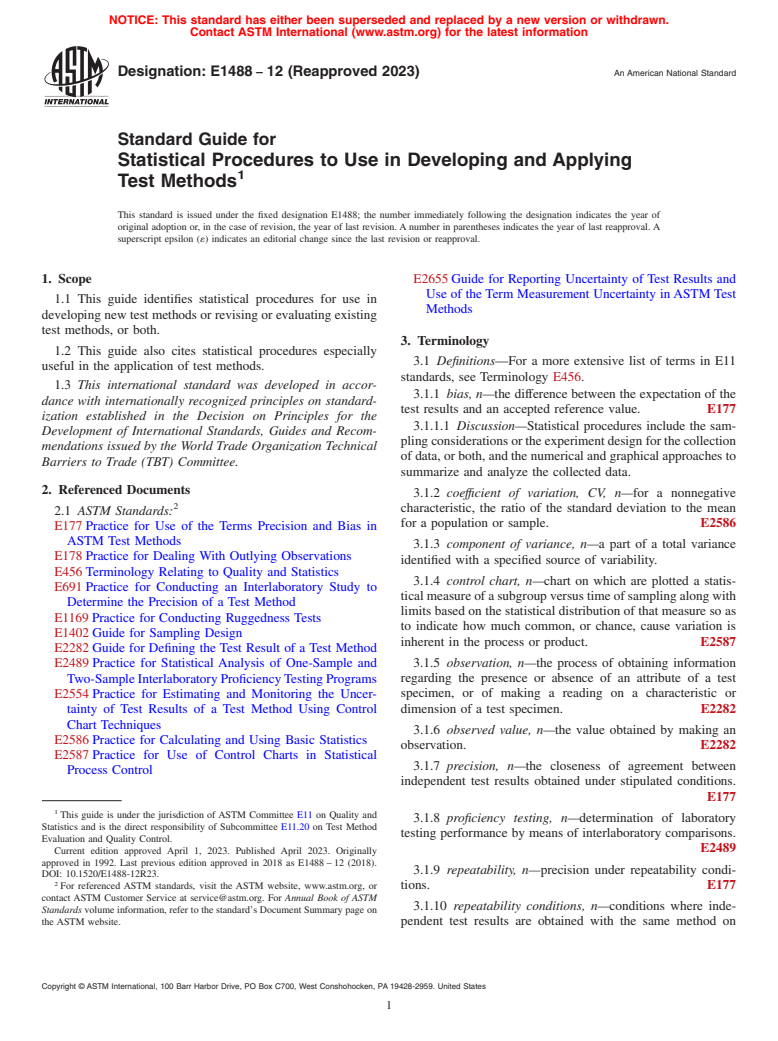 ASTM E1488-12(2023) - Standard Guide for  Statistical Procedures to Use in Developing and Applying Test  Methods