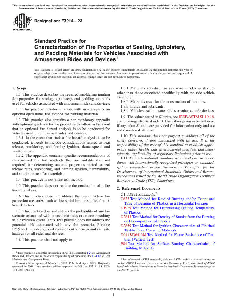 ASTM F3214-23 - Standard Practice for Characterization of Fire Properties of Seating, Upholstery,  and Padding Materials for Vehicles Associated with Amusement Rides  and Devices