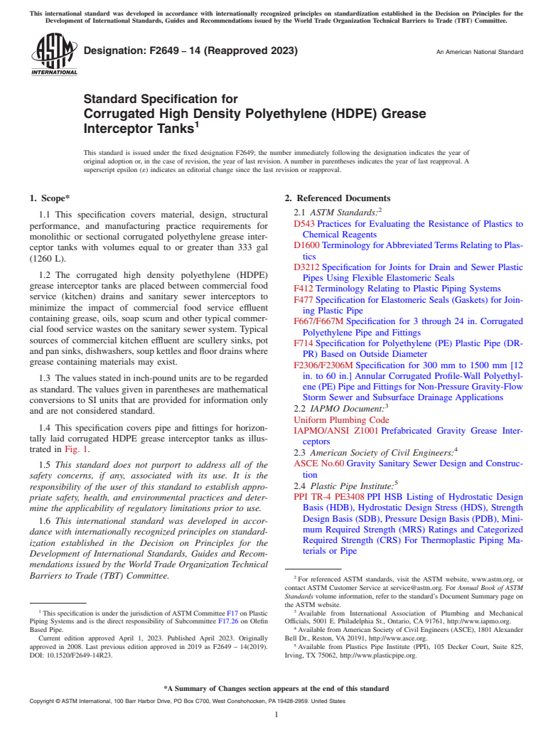 ASTM F2649-14(2023) - Standard Specification for Corrugated High Density Polyethylene (HDPE) Grease Interceptor  Tanks